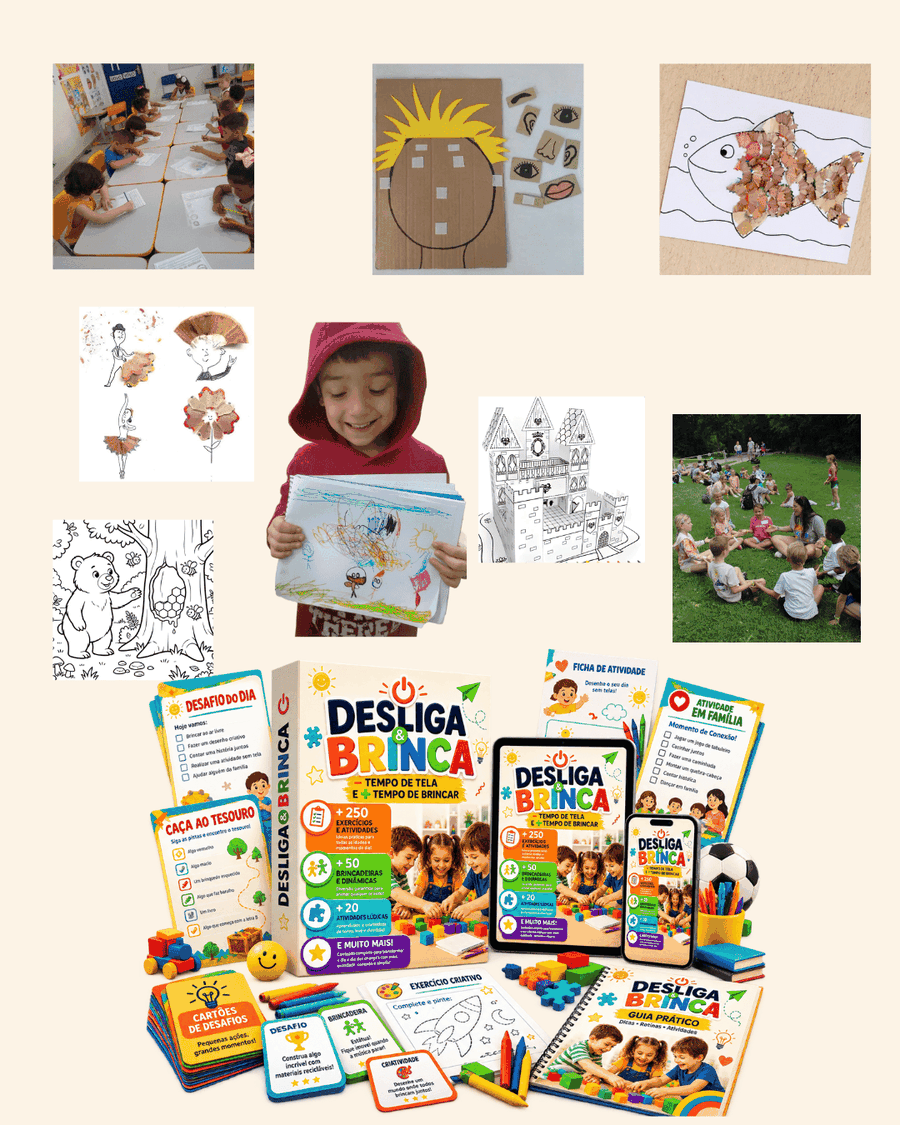 Capa do KIT DESLIGA & BRINCA com crianças brincando e as principais entregas do produto